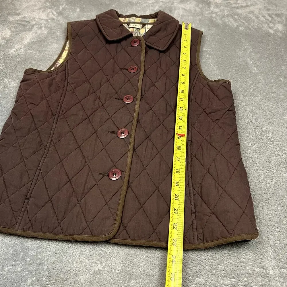 LL Bean Quilted Vest Womens S Brown Plaid‎ Lined Button Front Collared Thermal